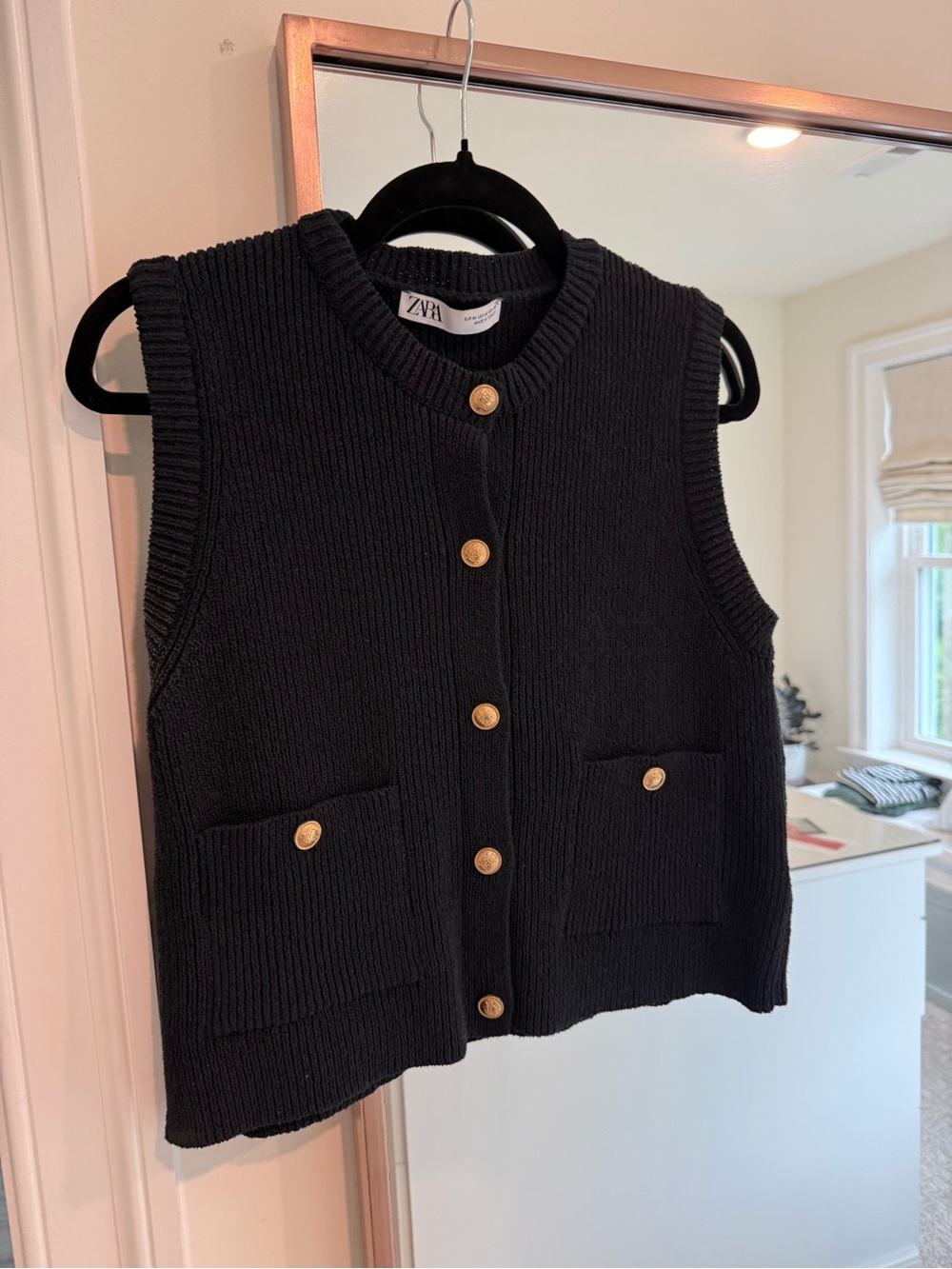 Zara Black Knit Button Front Vest with Gold Buttons